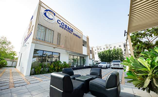 Cosmedent Medical Center Dubai – Outdoor Seating Area at Main Entrance